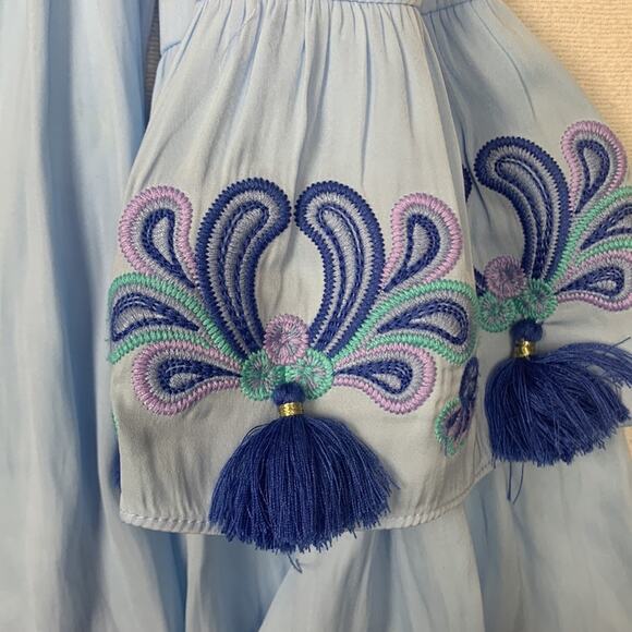 Lilly Pulitzer womens xxs blue off shoulder top tassle fringe flaw cute beachy - Picture 8 of 9